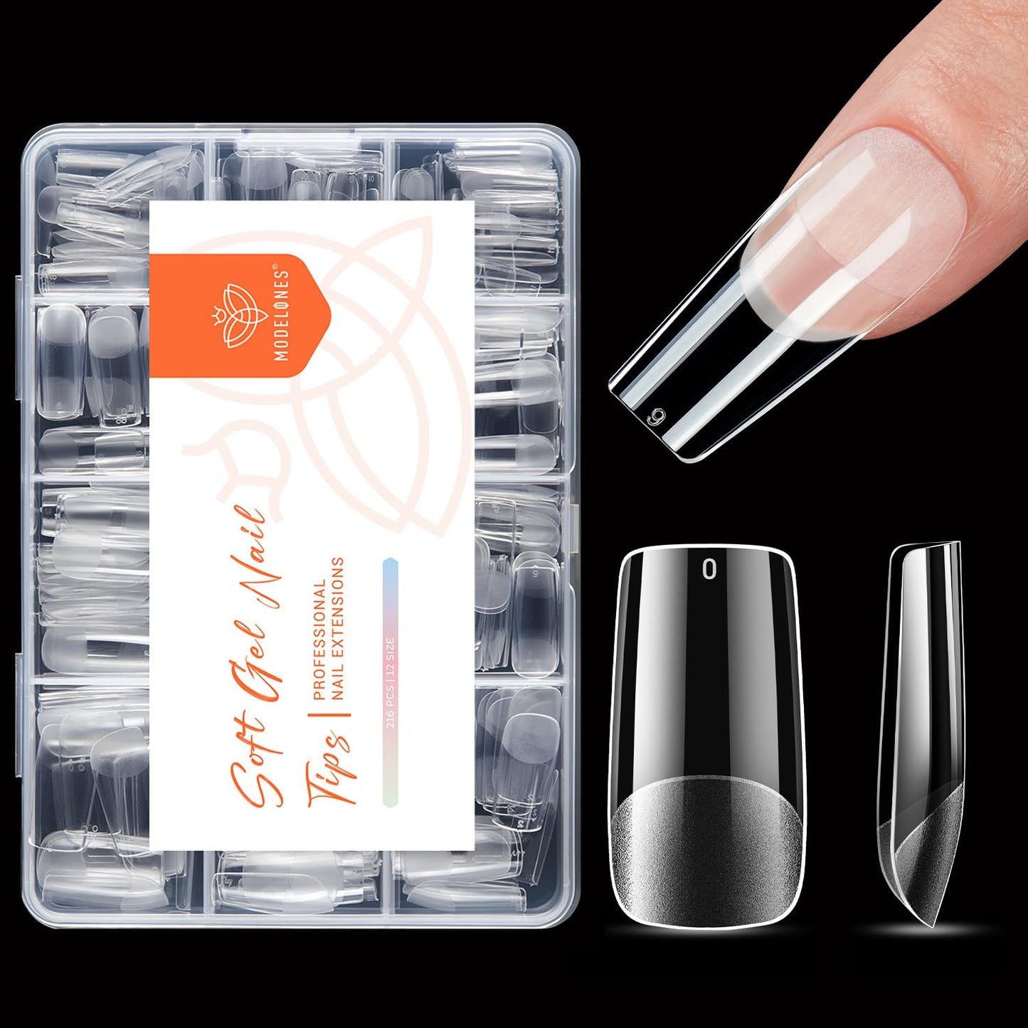 modelones Medium Square Nail Tips, Pre-shaped Soft Gel Tips Fake Nails False Acrylic Clear Full Cover Press on Extension Kit Gel Manicure DIY at Home 216PCS 12Sizes