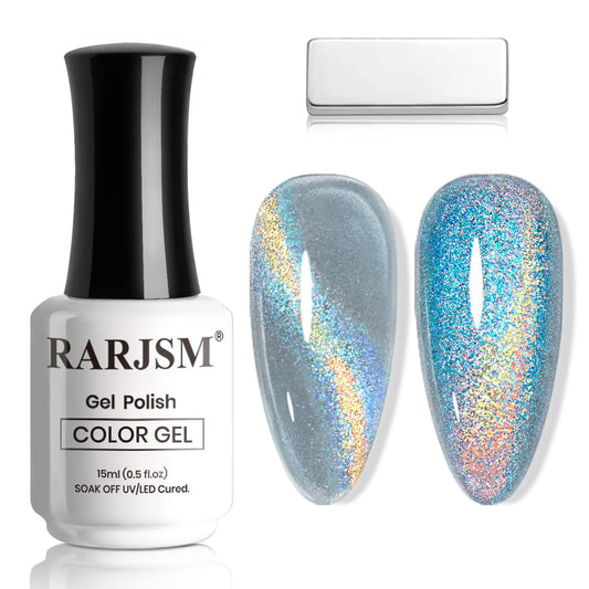 RARJSM Blue Aurora Cat Eye Gel Nail Polish Multichrome Green Orange Color Glitter Candy Glass Diamond Cat Eye Gel Polish with Magnet Stick Soak off UV LED Curing Requires Home Salon Diy Nail Art