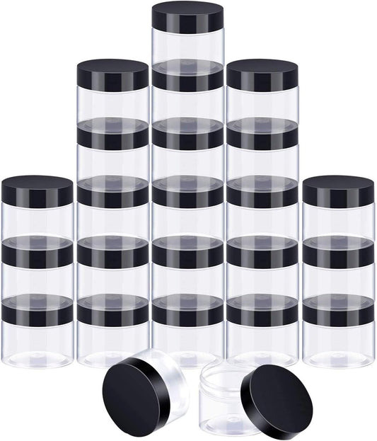 SATINIOR 24 Pieces Empty Clear Plastic Jars with Lids Round Storage Containers Wide-Mouth for Beauty Product Cosmetic Cream Lotion Liquid Butter Craft and Food (Black Lid, 2 oz)