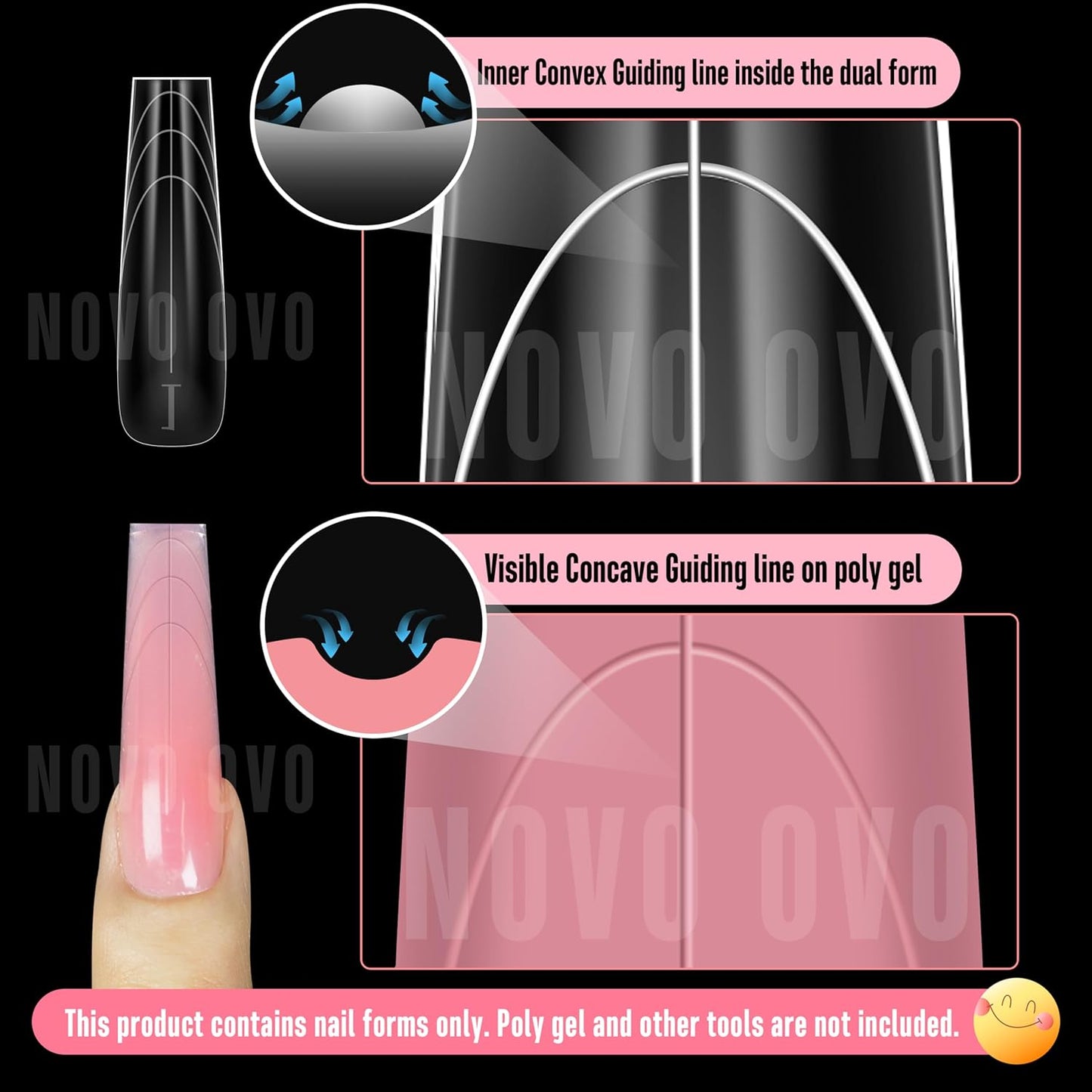 Tapered Square (Sculpted) Nail Dual Forms for Poly Gel Extension with Guiding Line Inside, XL XXL Reusable Full Cover Acrylic Builder Hard Gel Polygel Molds x 15 sizes 150 Pcs