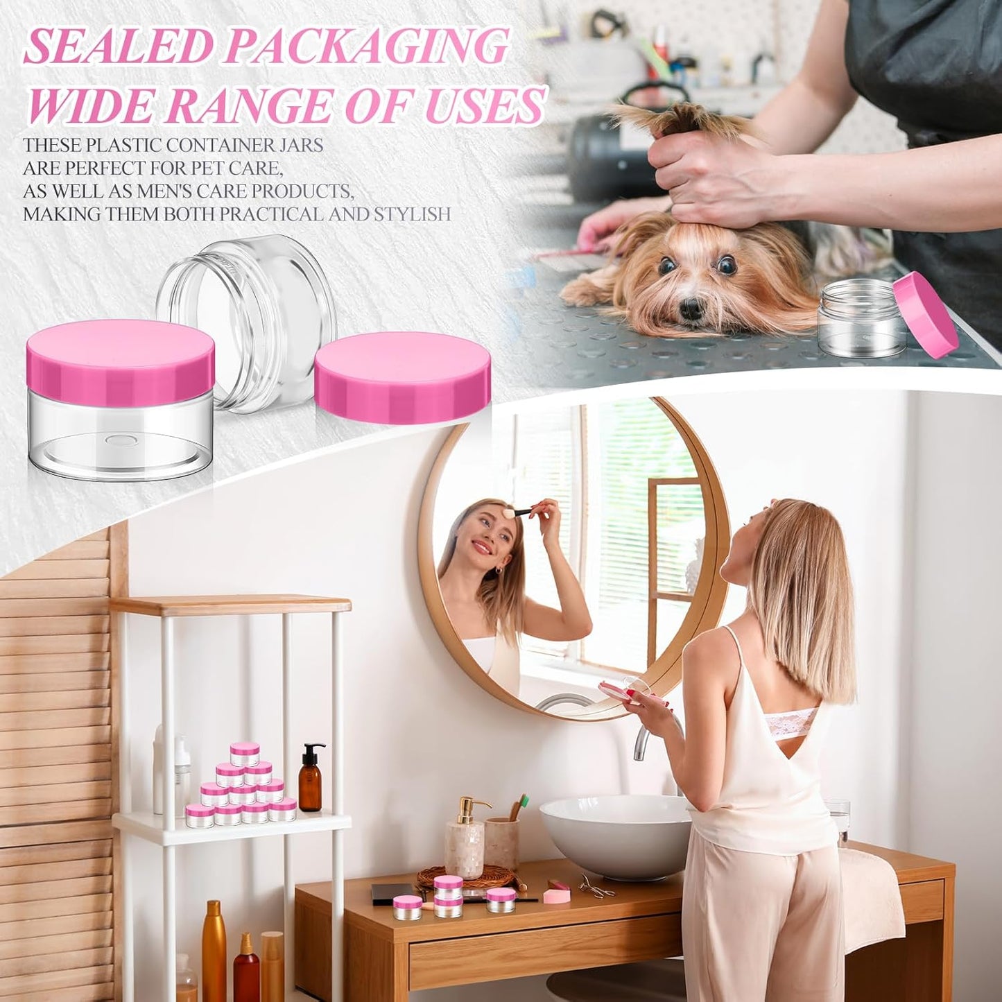 SATINIOR 24 Pieces Empty Clear Plastic Jars with Lids Round Storage Containers Wide Mouth for Beauty Product Cosmetic Cream Lotion Liquid Butter Craft and Food(Pink Lid,1 oz)