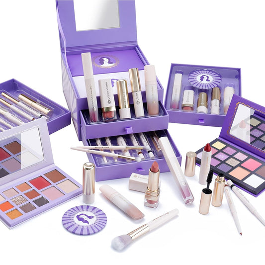 Color Nymph Beginner Makeup Set for Teens, Full Kit Girls Makeup Kits with Exquisite Purple Box Teen Girls Makeup Kit Non-Toxic Includes Eyeshadow Palettes Mascara Lipstick Makeup Set Brushes Kit etc