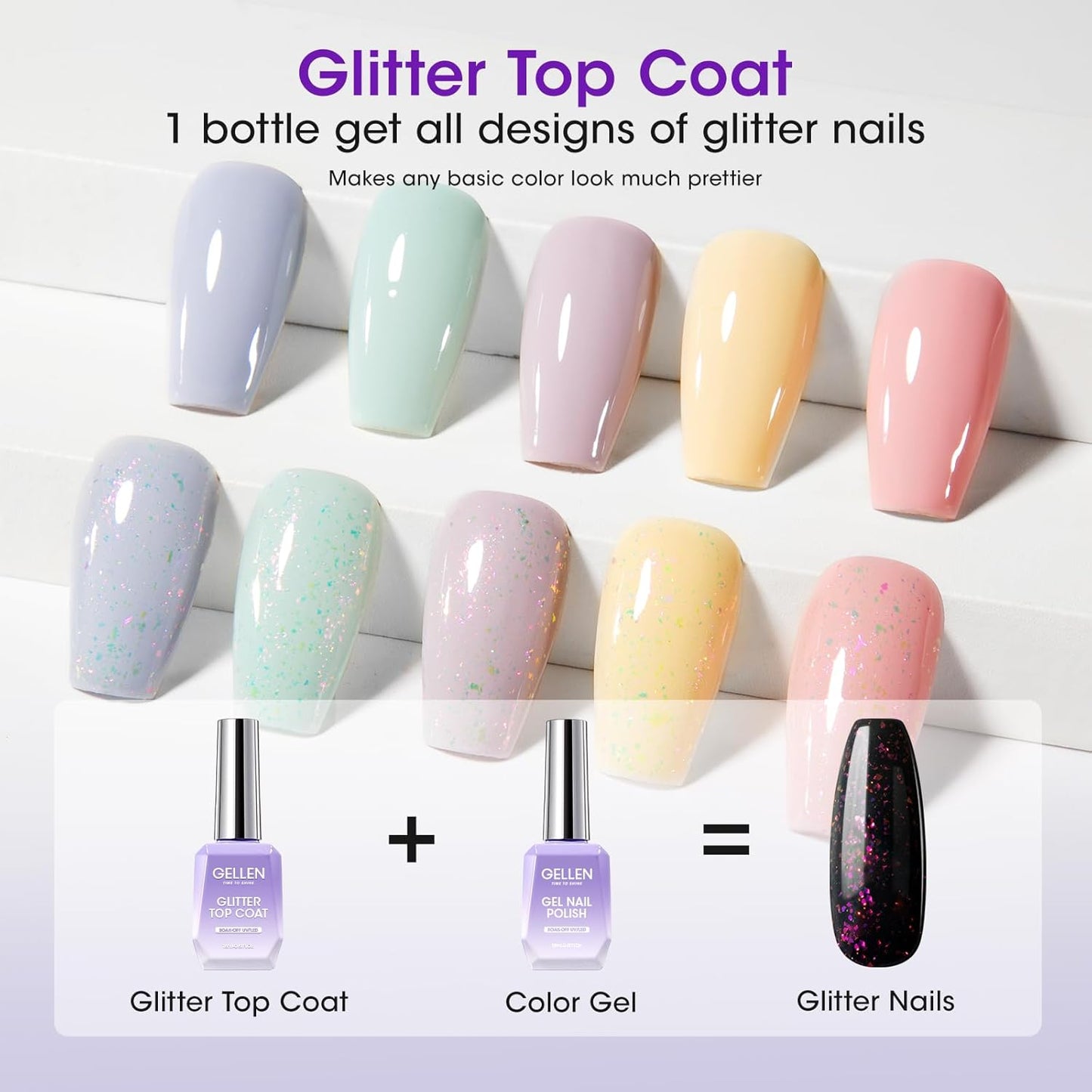 Gellen Gel Top and Base Coat, 4pcs 18ml No Wipe Matte Glossy Glitter Gel Top Coat, Clear UV Base Coat Gel Nail Polish, Soak Off Nail Lamp Gel Base Top Coat Long Lasting Home Gel Manicure