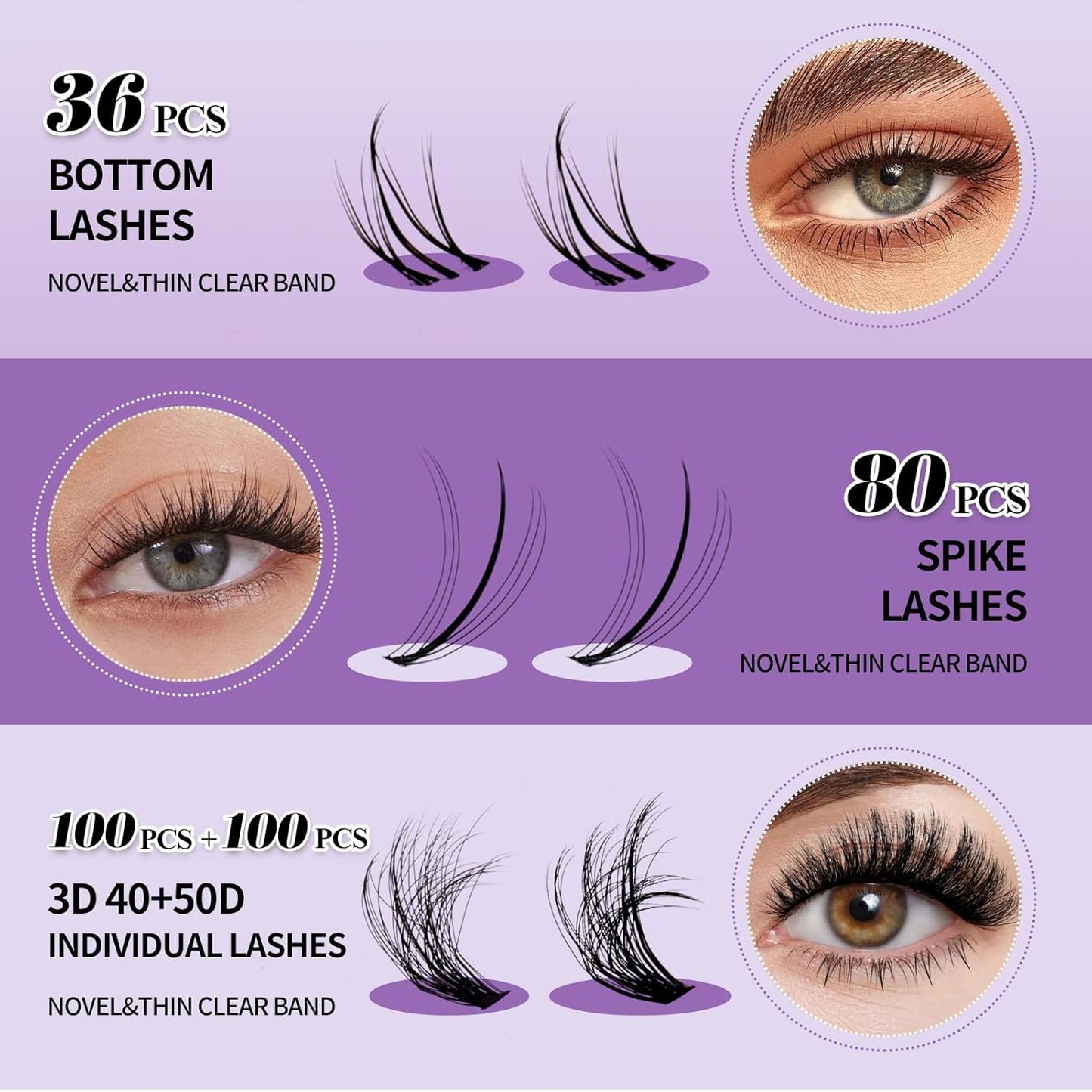 Lash Clusters Kit With Bottom Lashes 40/50/60/80/100/200D DIY Lash Extension Kit/3D Curl 12-18mm Multi-types Individual Lashes Bond and Seal, Spike, Volume Lashes Kit Lash Applicator(40/50 3DKit)