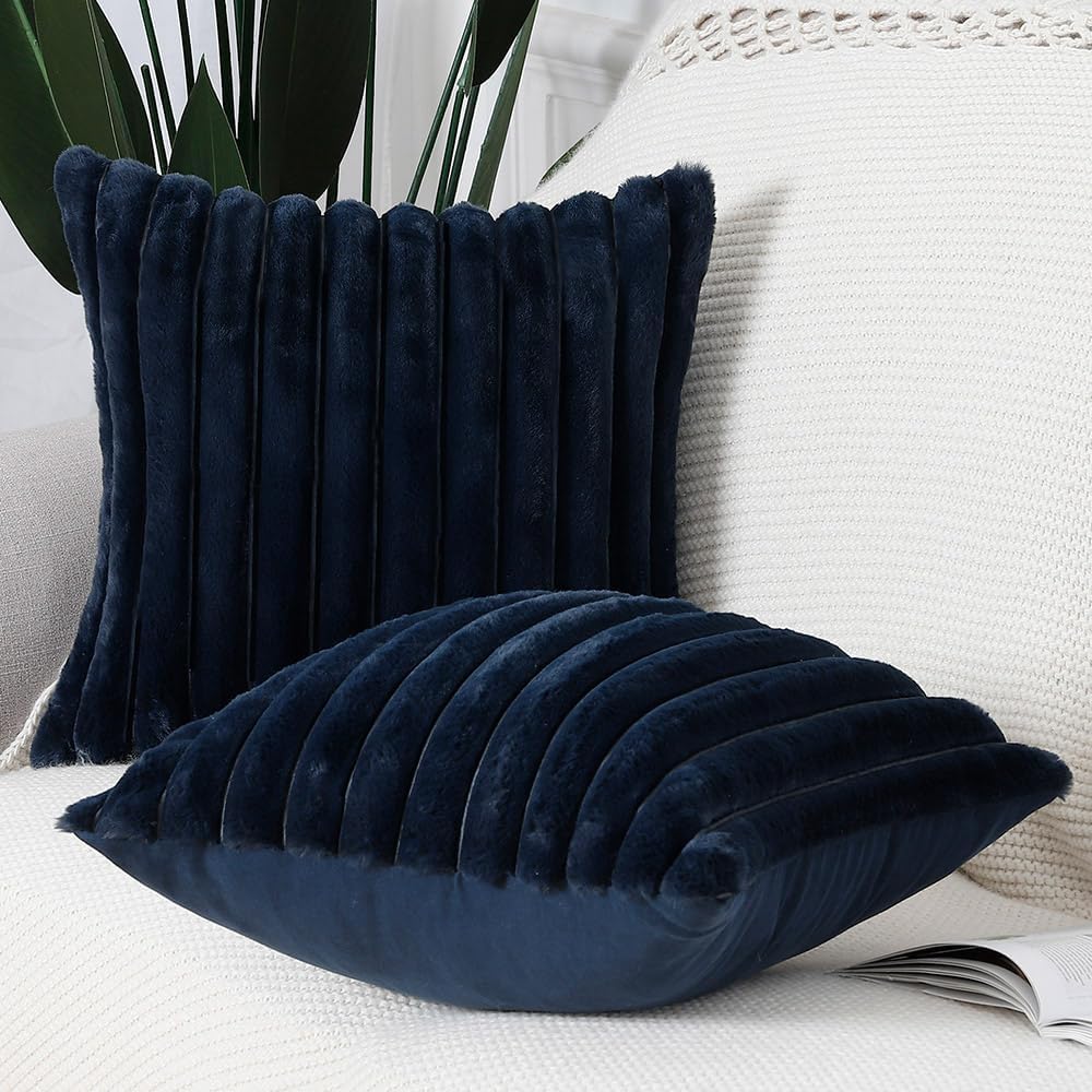MADIZZ Set of 2 Faux Wool Plush Decorative Throw Pillow Covers 26x26 Inch Dark Blue Fluffy Striped Soft Decorative Cushion Cover for Sofa Bedroom Pillow Shell