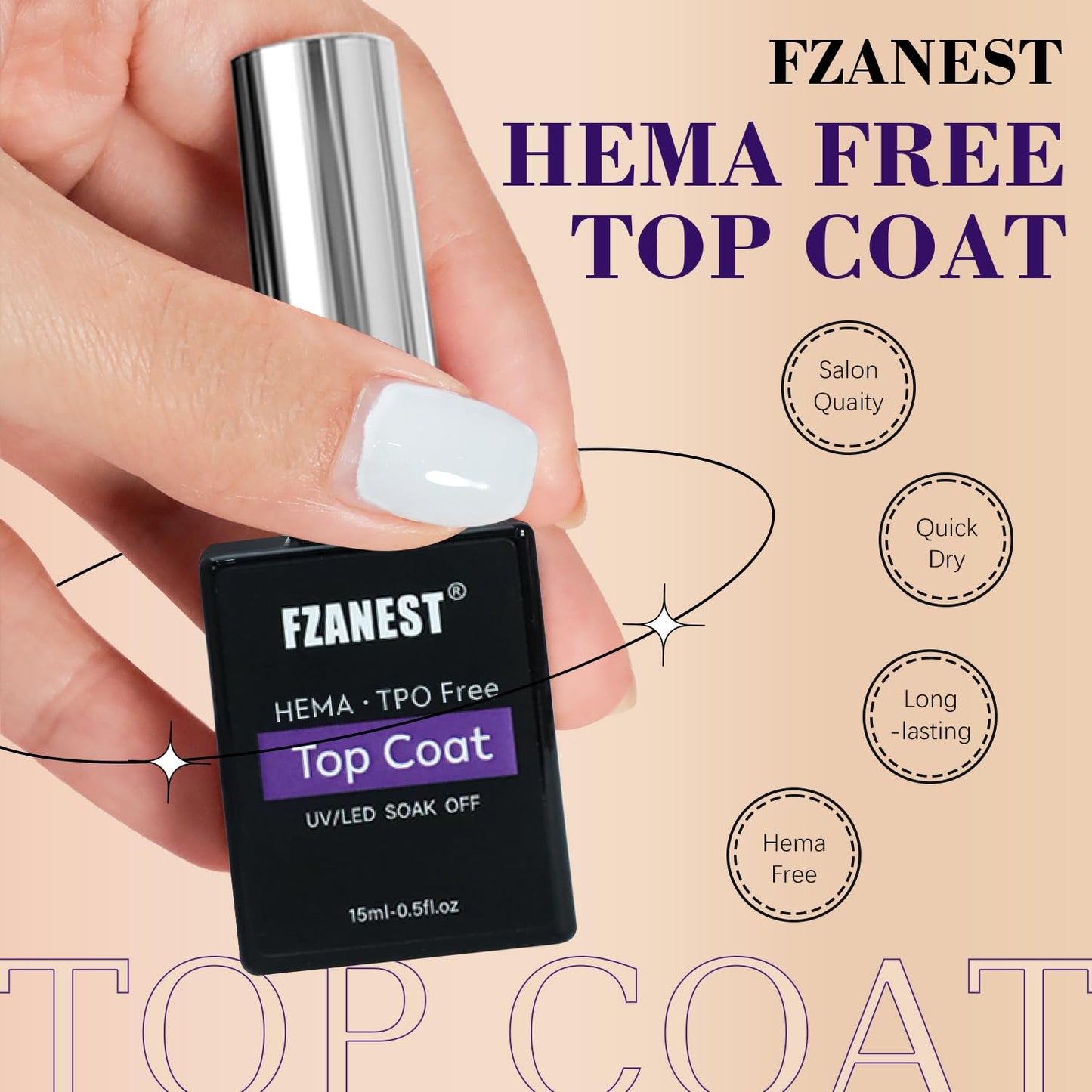 FZANEST Gel Top Coat HEMA-Free, No Wipe Top Coat Nail Polish Smooth High Shine Gel Finish Soak Off UV LED