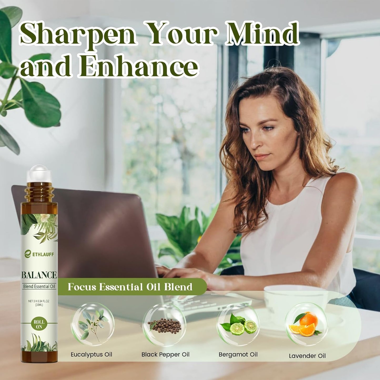 Essential Oils Roll On Set 3 Pack (Breathe, Focus on, Balance) - Essential Oil Blend Stress Relief Gift Aromatherapy Self Care Gift for Women, 3 * 10ml