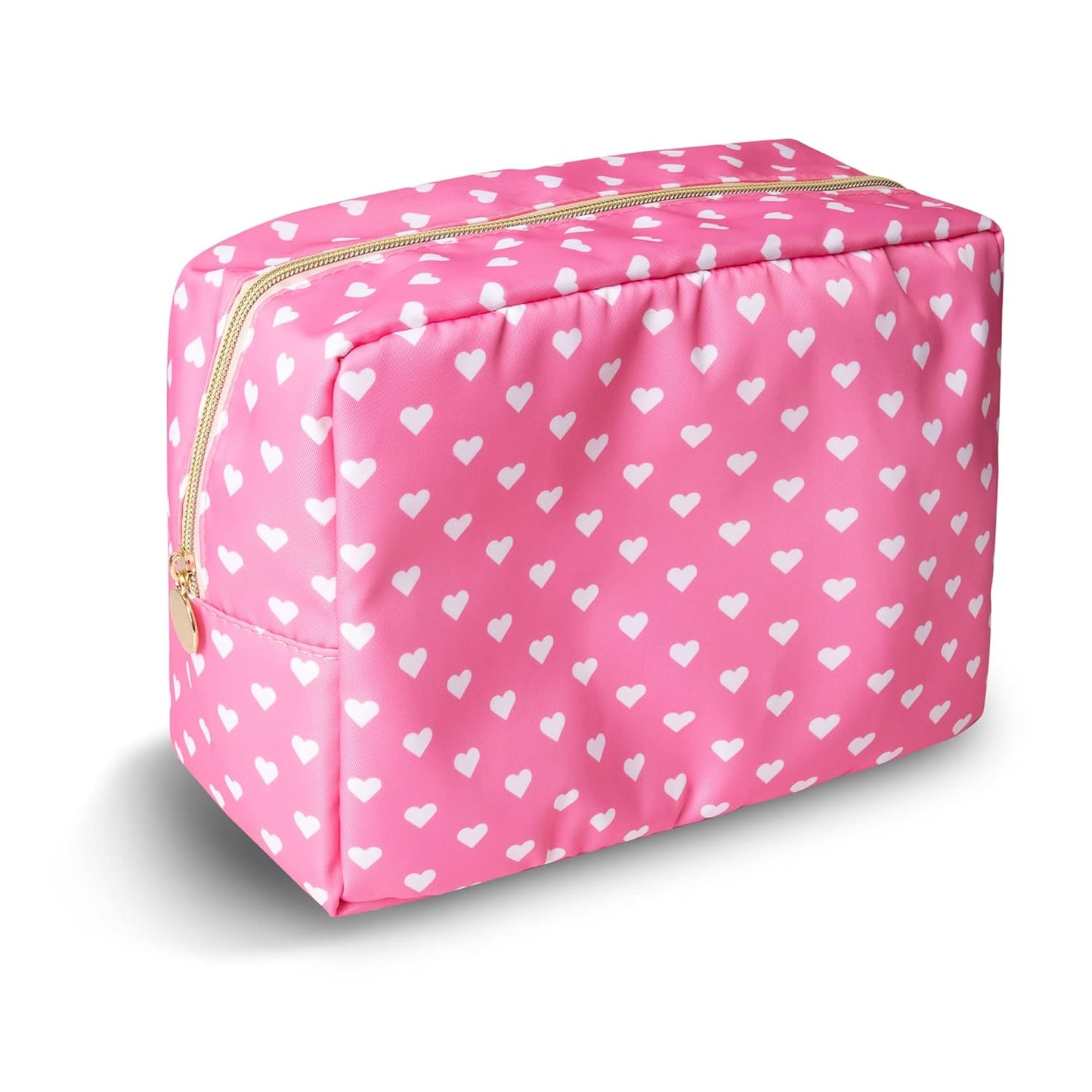 Large Makeup Bag Pouch, Nylon Women Travel Toiletry Storage Bag Preppy Cosmetic Bag for Girls, Big Makeup Organizer Bag Cute Zipper Pouch Skincare Bag for Sport School Work Gift(Large-Pink Heart)
