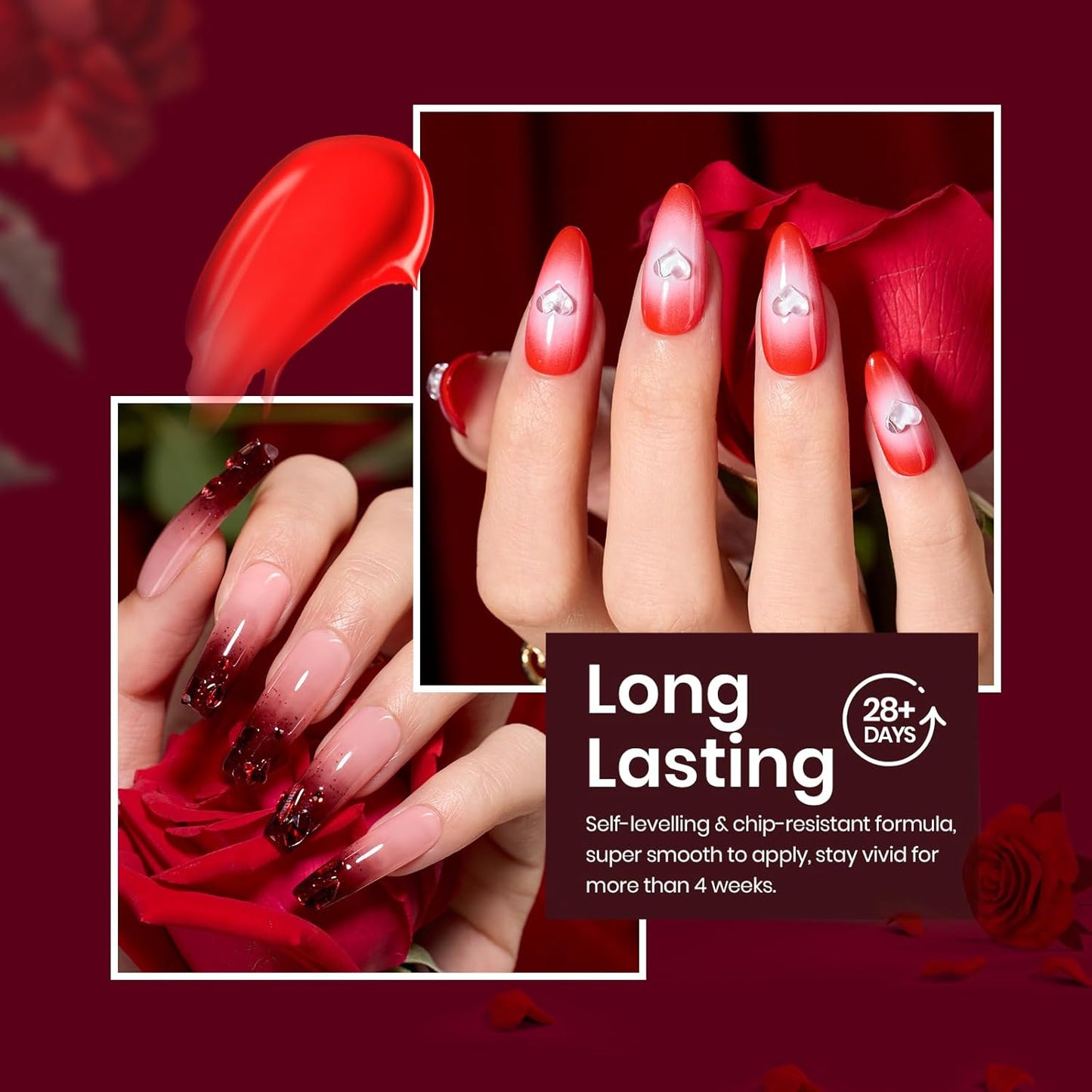 Beetles Red Gel Nail Polish Set 6 Colors Burgundy Red Glitter Purple Soak Off UV LED Gel Polish Art Design Decoration DIY Nail Gifts for Women Poinsettia