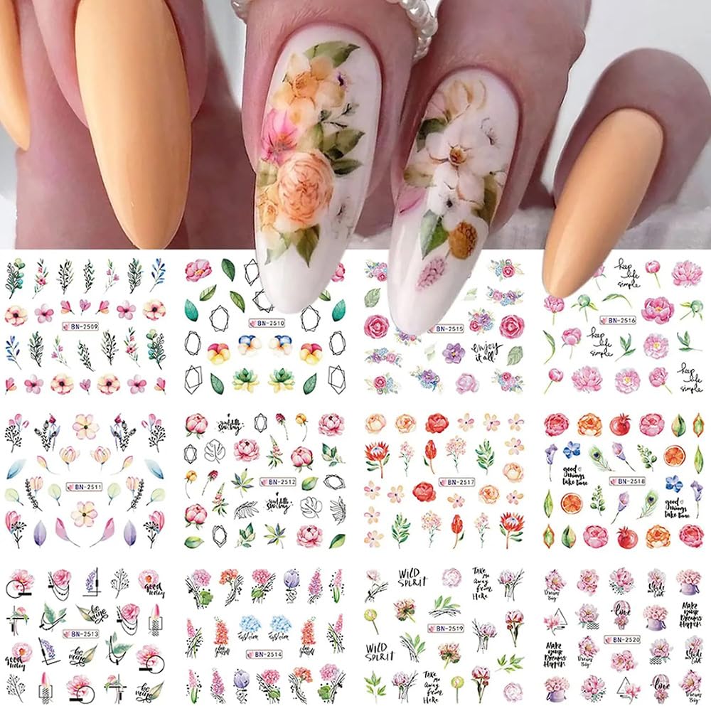 12 Sheets Flower Nail Water Transfer Decals, Nail Art Stickers for Women, Holographic Colorful Flower Leaf Patterns Nail Designs Supplies, Acrylic Nails Decorations DIY Resin Nail Decal Tattoos Set