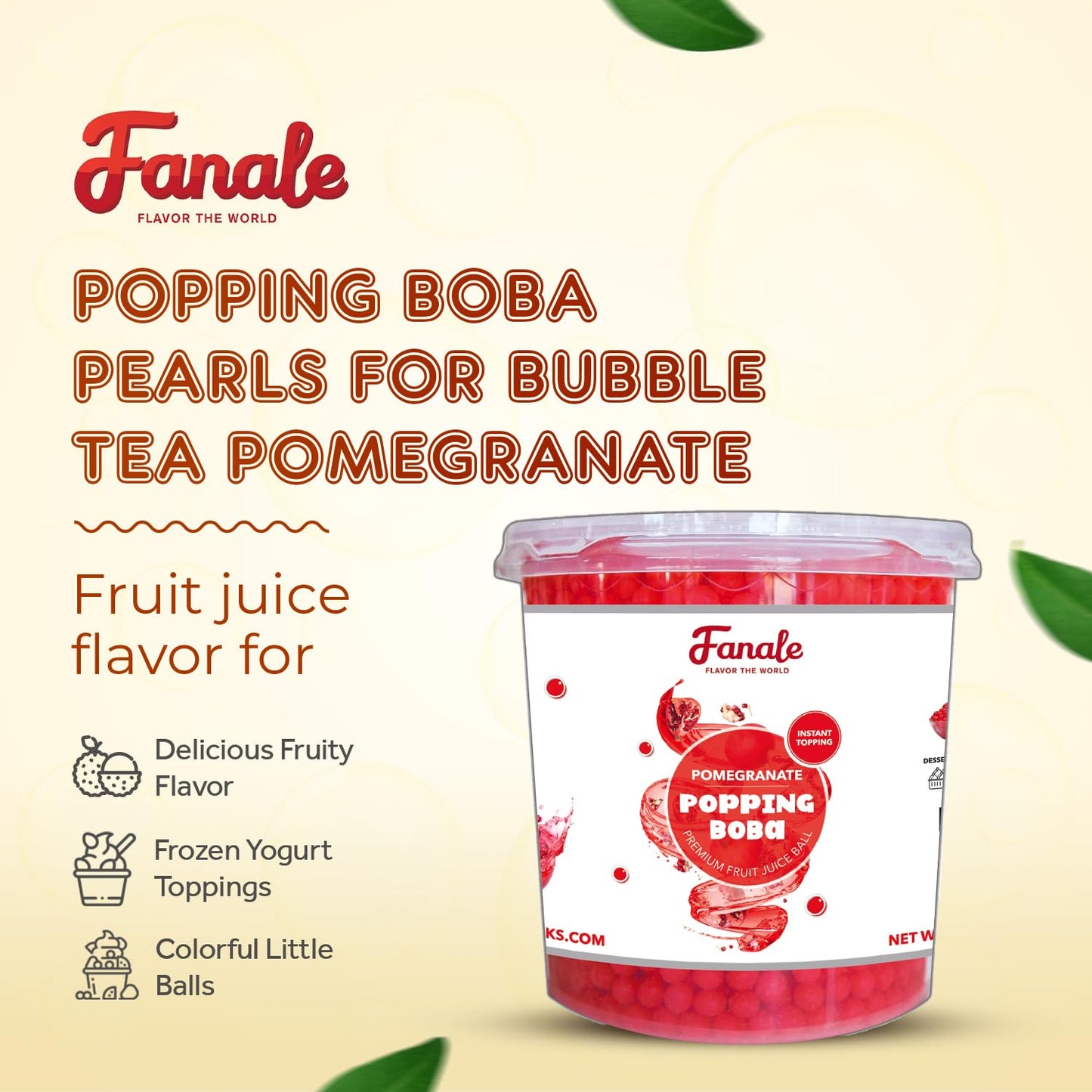 Fanale Pomegranate Popping Boba Pearls, Vegan, Non GMO, Gluten Free, Fat Free, Perfect for Bubble Tea, Smoothies, Ice Cream, Desserts, and Beverages.