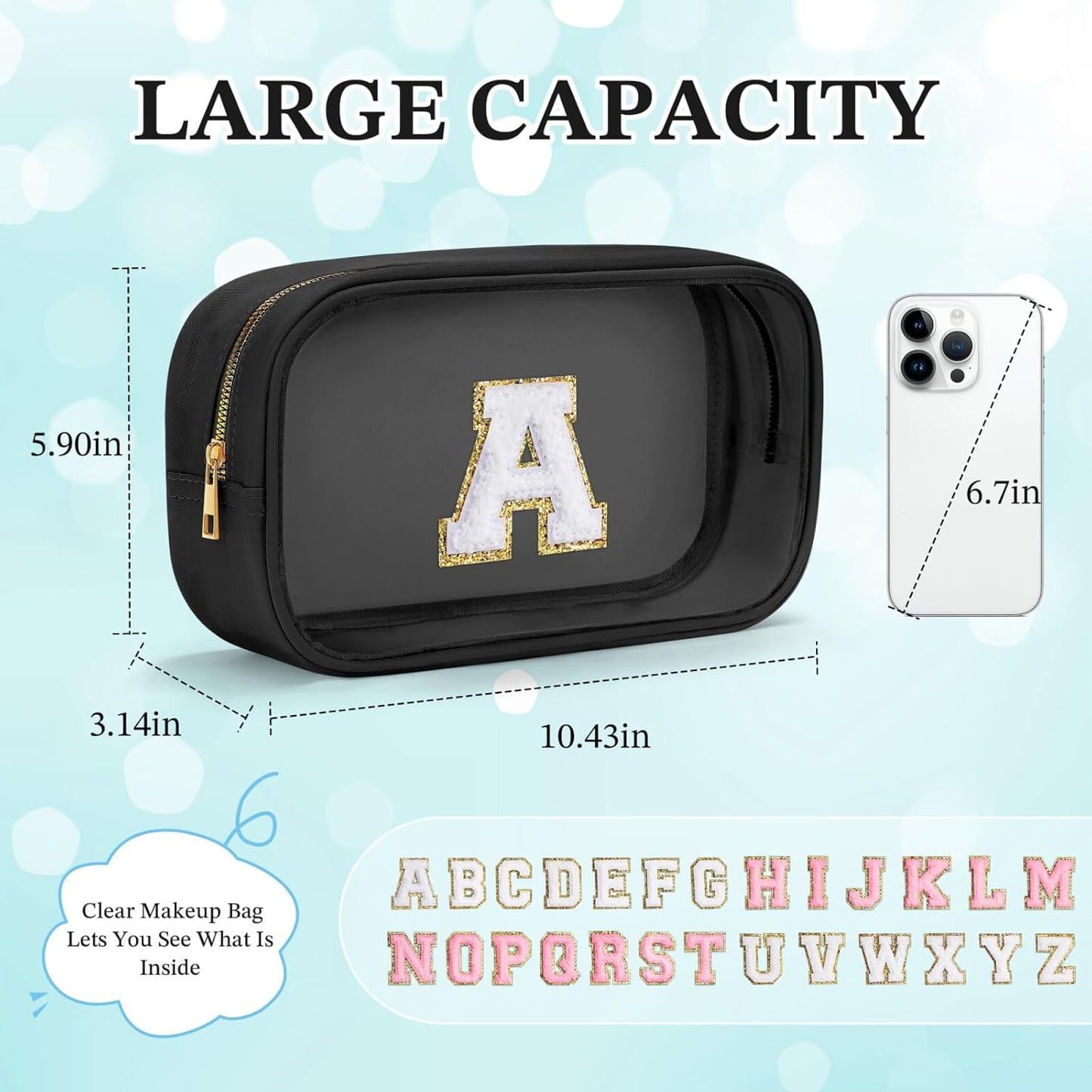 YOOLIFE Birthday Gifts for Girls Kids Makeup Bag Organizer Clear Toiletry Bags for Traveling Women Cosmetic Bags with Zipper Birthday Gifts for 3 4 5 6 7 8 9 10 11 12 13 Year Old Girls Black Initial L