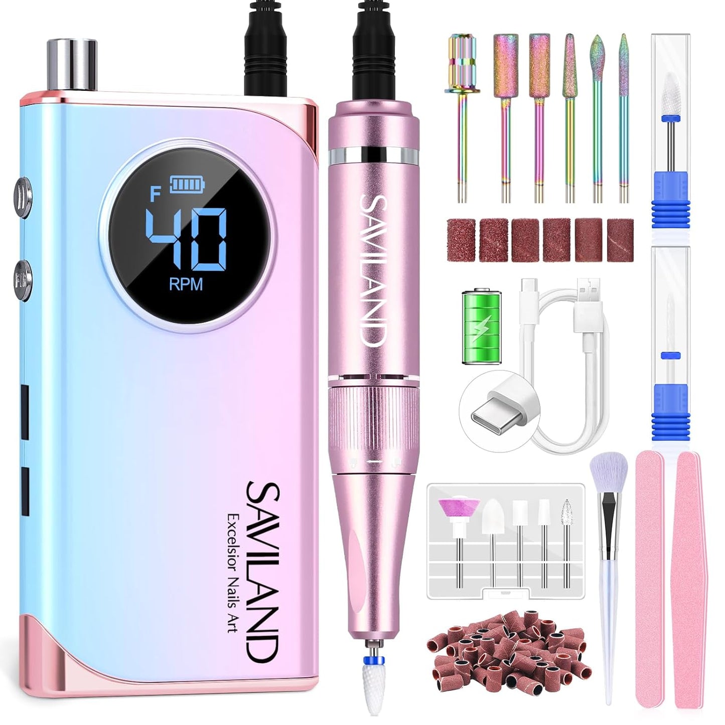 SAVILAND Nail Drill Professional: 40000RPM Electric Nail File 2024 Macaron Gradient Pink Nail Drill Machine for Faster Removel Acrylic Nail Salon at Home Use Manicure Pedicure Manicurist Good Choice