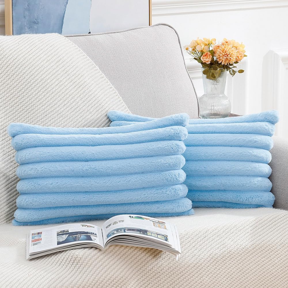 MADIZZ Set of 2 Faux Wool Plush Decorative Throw Pillow Covers 12x20 Inch Light Blue Fluffy Striped Soft Decorative Cushion Cover for Sofa Bedroom Pillow Shell