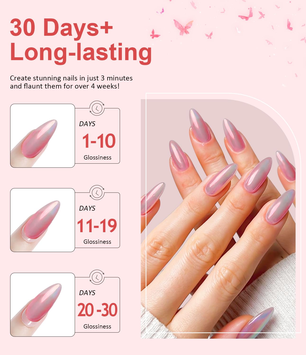 Pearl Chrome Nail Powder BISHENGYF -【Fairy Effect】 Pink Chrome Nail Powder Aurora Mermaid Iridescent White Pearl Clear Nail Chrome Powder, Metallic Mirror Pigment Glitter Dust for Manicure Decoration