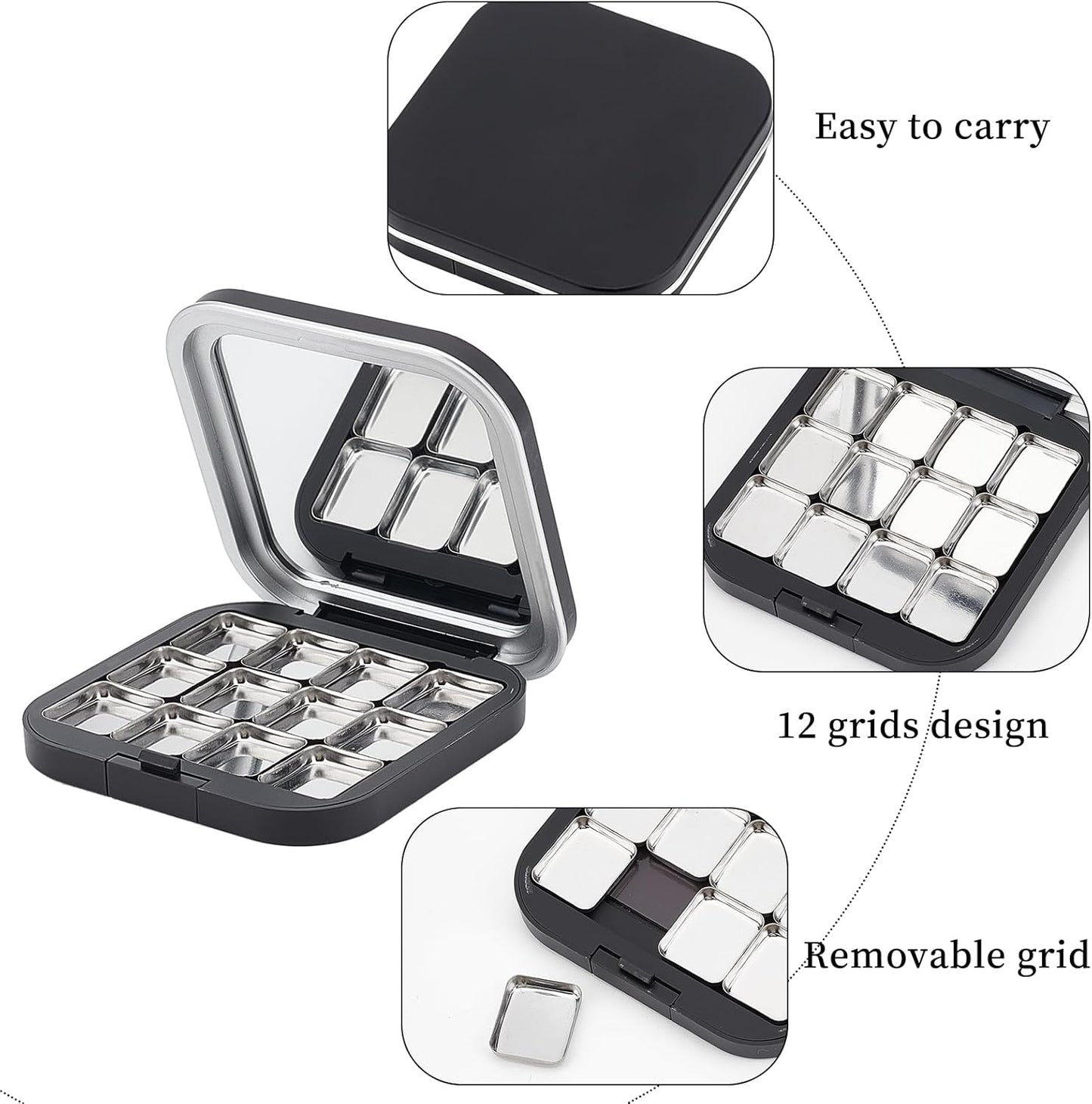 NICENEEDED 2 Pcs Empty Eyeshadow Palettes, 12 Grids Blush Pallet Makeup, DIY Lipstick Lip Balm Blusher Compact Containers Refillable Cosmetic Sample Storage Case Box with Mirror for Women