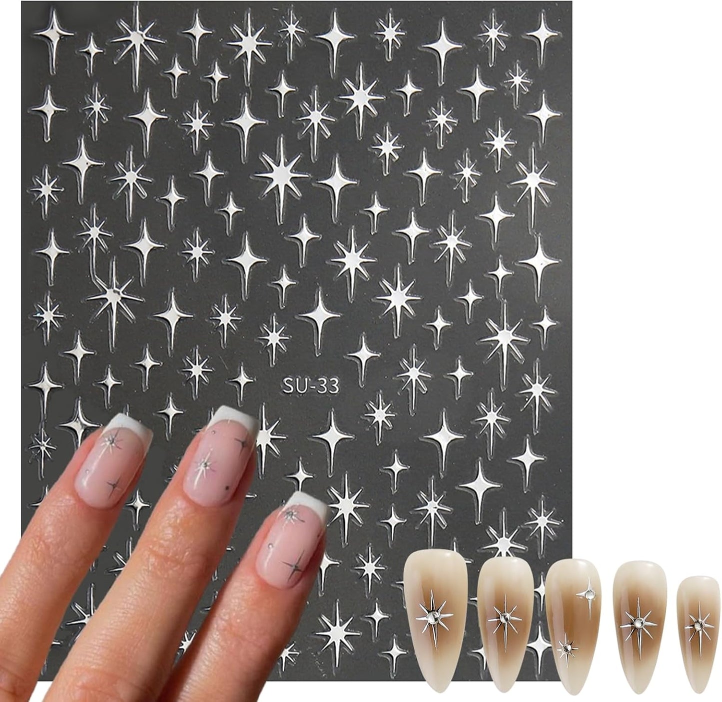 8 Sheet Bronzing Star Nail Stickers 3D Shiny Star Nail Decals Starlight Designs Sticker Nail Gold and Silver Purple Manicure Accessories for Women Nail Decorations