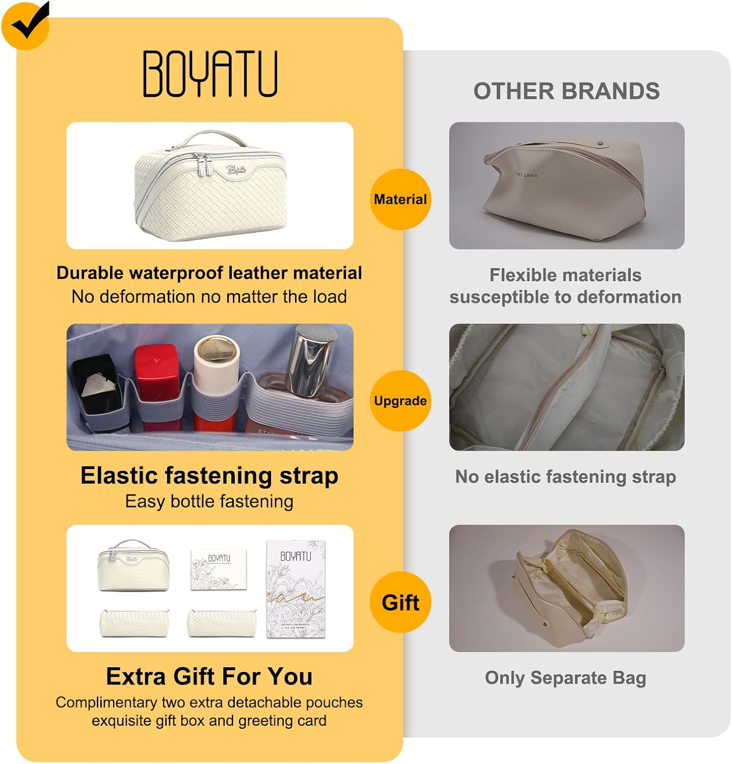 BOYATU Travel Makeup Bags for Women: Large Cosmetic Bag - Vegan Leather Make up Bags Set of 3 - Protable Toiletry Bag Compact Organizer with Compartments (L09 Beige)