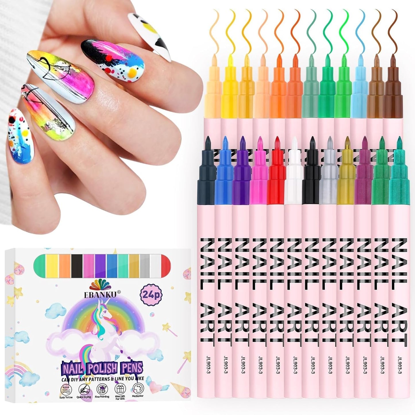 EBANKU 24 Colors Waterborne acrylic ink Nail Art Pens Set, 0.7MM Nail Polish Pens Quick-Drying Acrylic Paint Pen Point Dotting Liner Pen Nail Drawing Painting Manicure Tools for 3D Salon Home Nail DIY