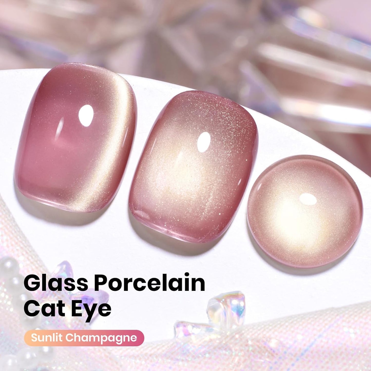 Beetles Pink Cat Eye Gel Nail Polish - 15ML Peach Pink Glass Cat Eye with Gold Powder Magnetic Glitter Gel Polish Soak Off UV Salon DIY French Nail Art Sunlit Champagne Collection Gift for Women