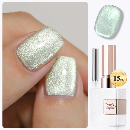 Double Rhythm 15ML Cat Eye Gel Polish with Magnet Holographic Glitter Shimmer Translucent Sheer Color Salon Ice Glass Magnetic Gel at Home (Green-MC1141)