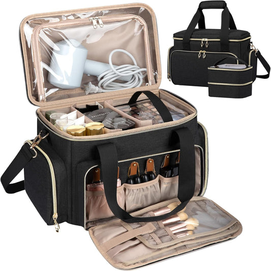 Large Makeup Bag, Portable Travel Makeup Bag Organizer for Women Girls with 2 Removable Pouches & Detachable Dividers, Cosmetic Travel Bag, Toiletry Bag for Makeup and Hair Supplies Black