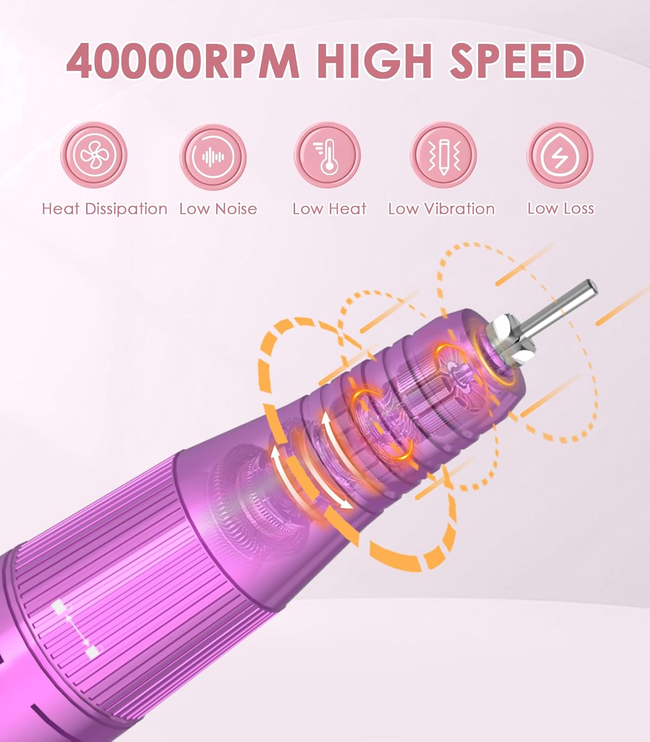 Professional Nail Drill Electric File: 40000RPM Portable Nail File Machine, Rechargeable Cordless Nail E-File with Bits & Base for Acrylic Nails Remove Nail Gel Polish Manicure for Salon Home, Purple