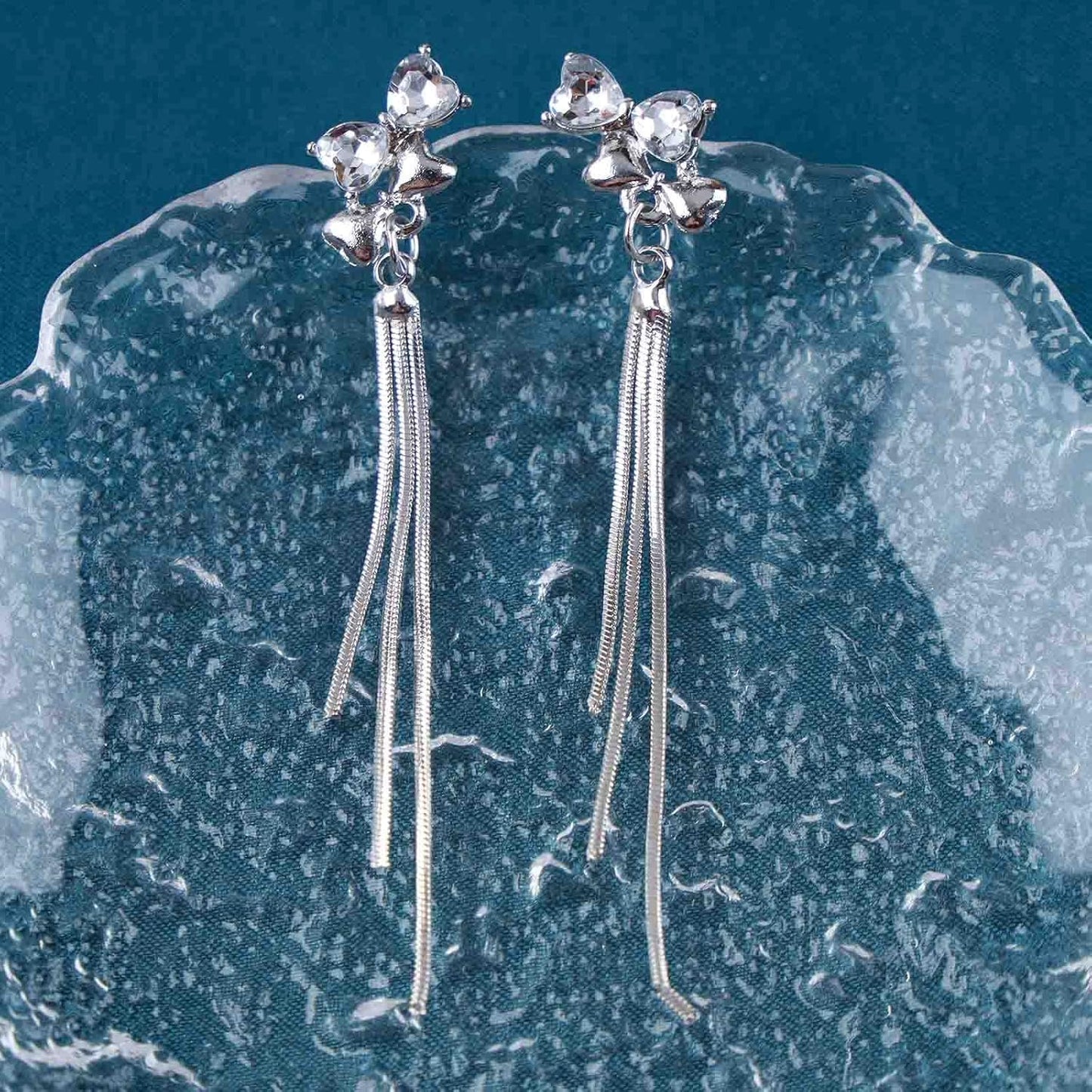 Vintage Crystal Bow Chain Drop Earrings Rhinestone Heart Stud Earrings Silver Long Chain Tassel Earrings Sparkly Cz Bridal Earrings Jewelry for Women