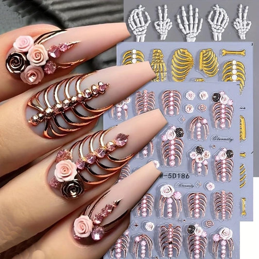 3Pcs Skull & Ribcage 5D Nail Stickers - Y2K Gothic Horror Design, Self-Adhesive Foil Decals Halloween Nail Art, Single-Use Plastic Embossed Animal Print, Golden, White, Rose Gold Skull Nails Decals
