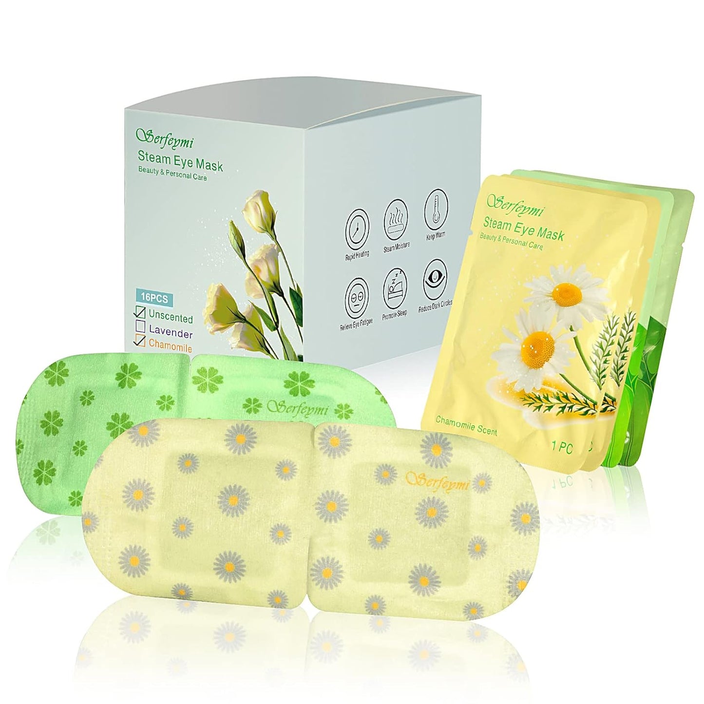 Serfeymi 16 Packs Steam Eye Masks for Sleep, Self Heating Warm Eye Mask, Hot Compress Eye Mask Skincare Disposable Eye SPA Heated Eye Mask for Eye Care -Unscented(8PCS)+ Chamomile(8PCS)