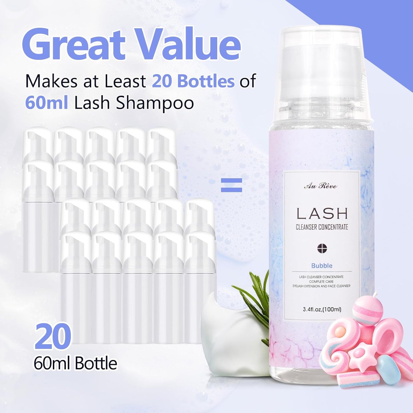Lash Shampoo Concentrate 100ml Lash Extension Cleanser Oil-Free Eyelash Extension Shampoo with Salon Home Care -Makes 20 Bottles 60ml Eyelash Cleaner,Bubble Gum