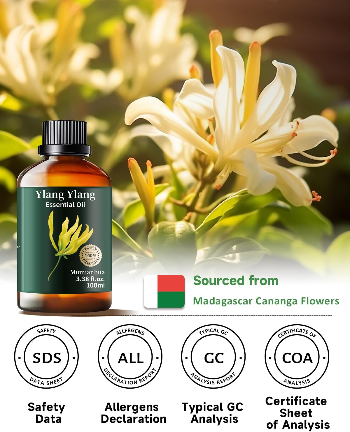Mumianhua 100% Pure Ylang Ylang Essential Oil Natural Ylang Ylang Oil for Diffuser, Perfumes, Aromatherapy, DIY,Skin, Hair, Candle, Soap Making 3.38 Fl Oz