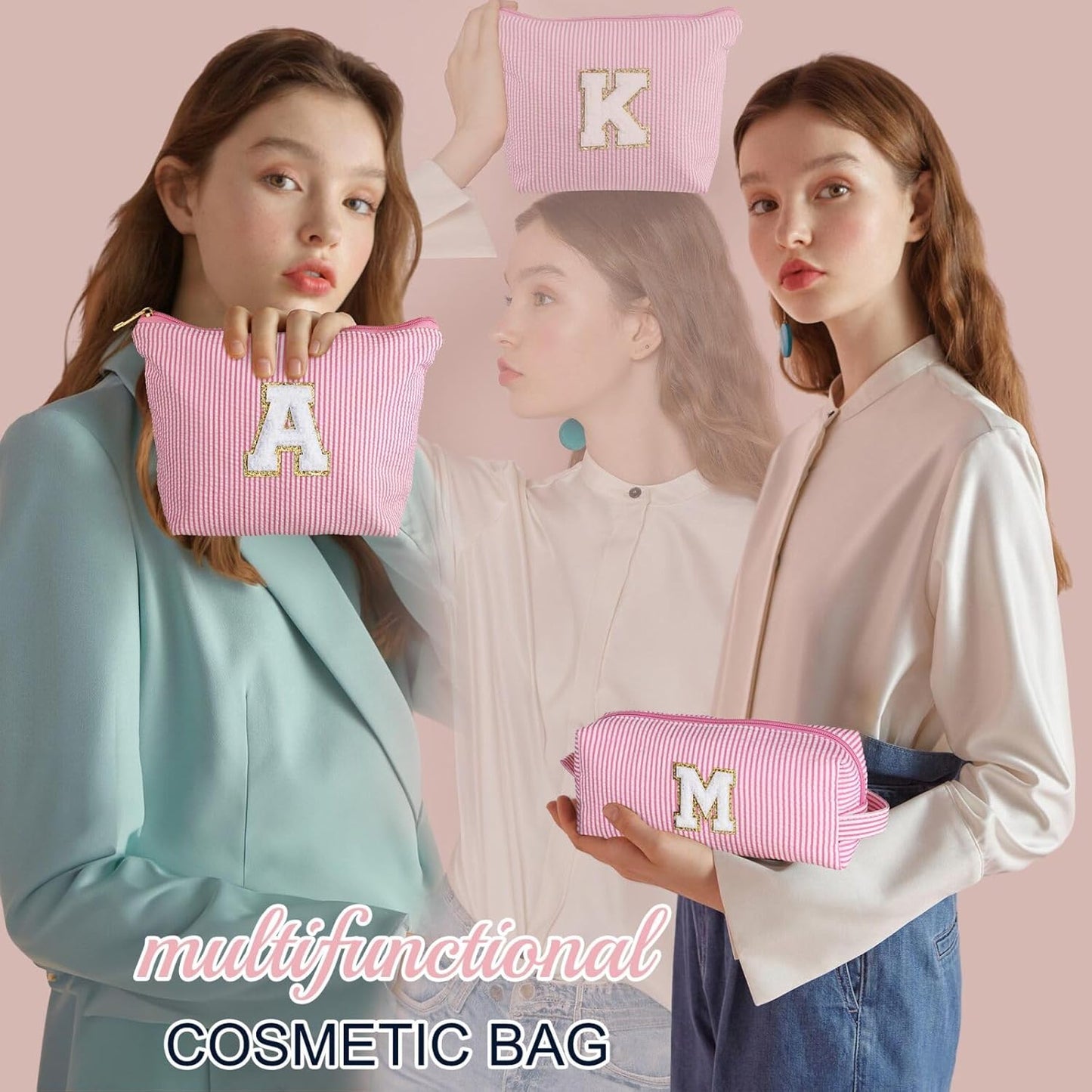 YOOLIFE Travel Makeup Bag Cosmetic Bag - Make Up Bag with Makeup Brush Bag Monogram Makeup Pouch Bag 2 Pieces Cute Makeup Bag Personalized Gifts Best Friend Birthday Gifts for Women Pink Letter Y