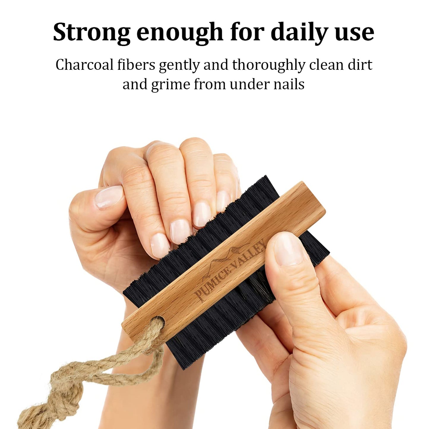 Wooden Cleaning Finger Nail Brush with Nylon Charcoal Bristles & Hanging Rope - Double-Sided Fingernail Brush for Scrubbing Fingernails and Toes (Beechwood)