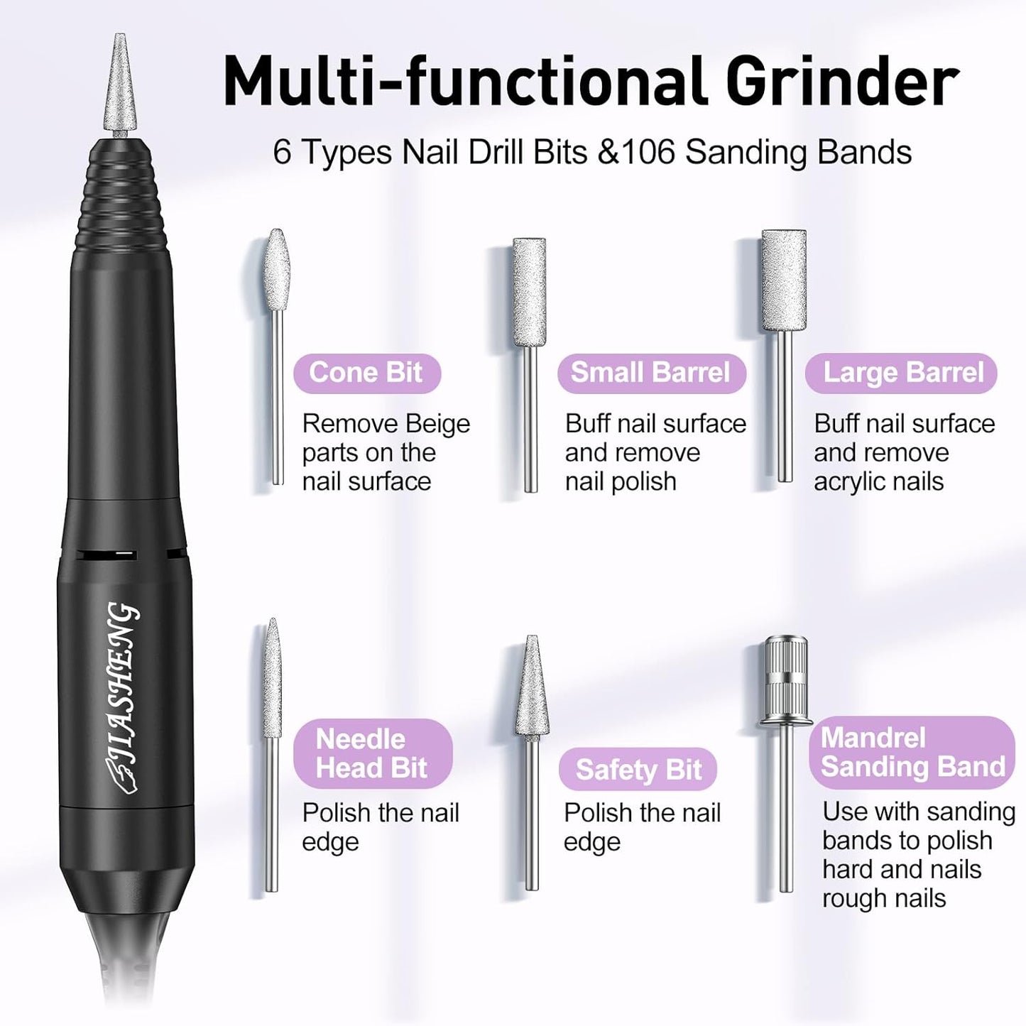 JIASHENG Professional Nail Drill, 20000rpm Electric Nail Drill Machine, Electronic Nail File Drills for Acrylic Nails Gel Nails Manicure Pedicure Tools for Salon Use