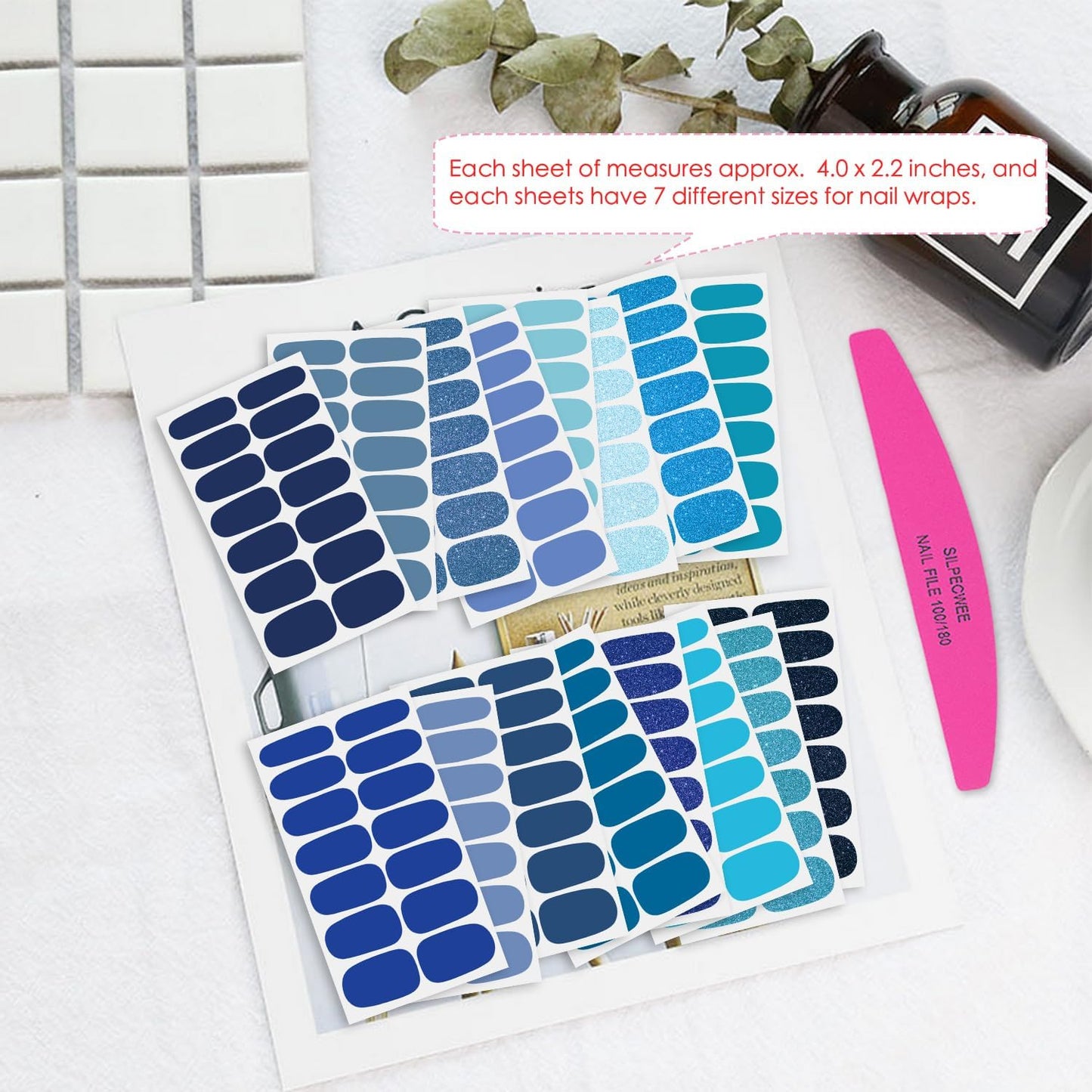 SILPECWEE 16 Sheets Blue Nail Wraps for Women Glitter Solid Color Nail Polish Stickers Stick on Nail Polish Strips Gel Nail Strips Self Adhesive Fingernail Manicure Design with Nail File