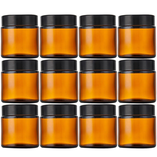 Lil Ray 4 oz Round Amber Glass Jar with Inner Liners and Black Lid (12pcs)