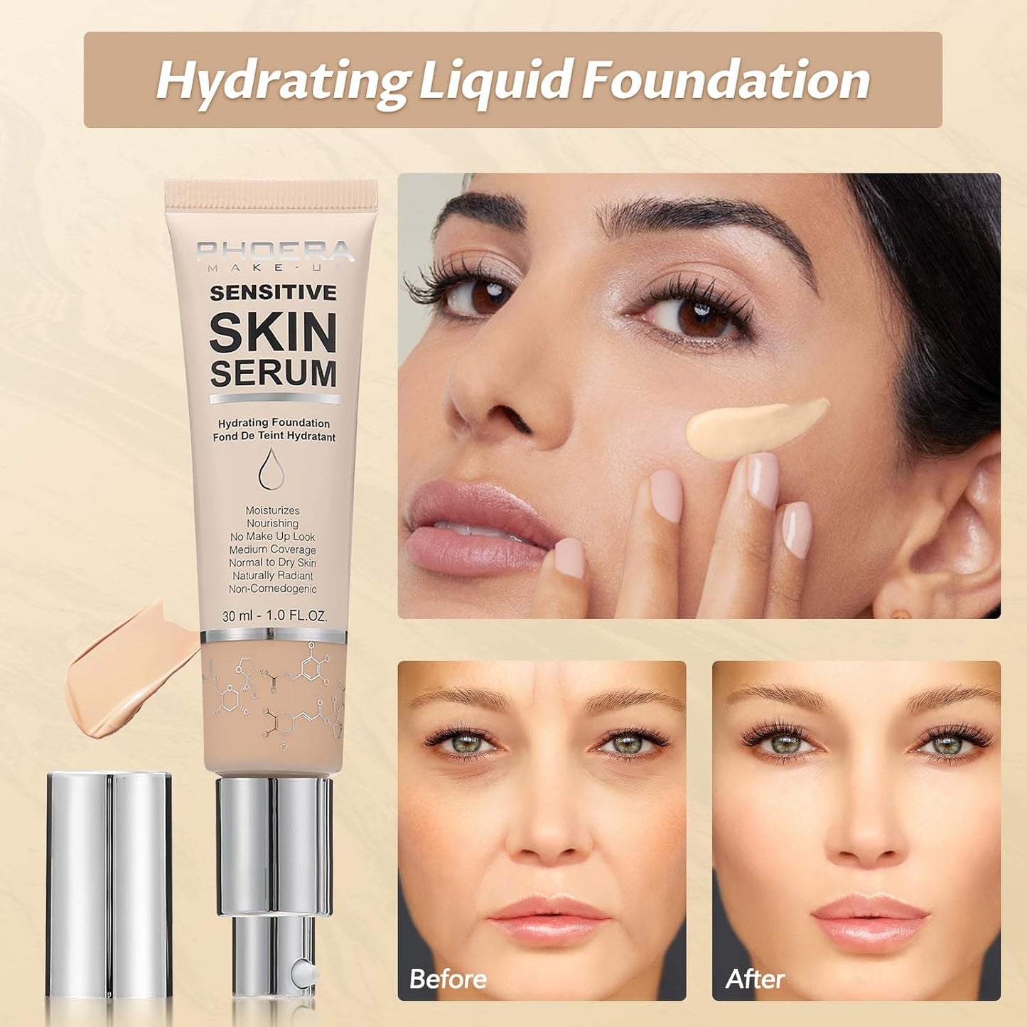 Phoera Foundation Makeup,Flawless Soft Matte Full Coverage with Matte Finish,Hydrating Serum Foundation,Face Makeup for Normal and Dry Skin (N01 Porcelain, 1PC)