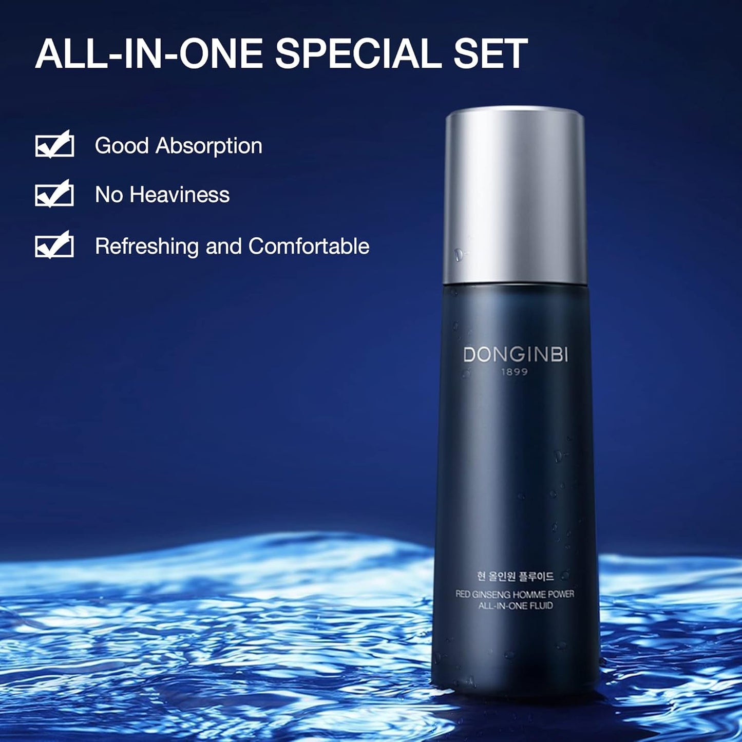 Donginbi Red Ginseng Homme All-in-One Special Set - Hydrating Korean Red Ginseng Essence(4.06 floz), Glycolic & Squalane Acid Face Wash, AHA Exfoliant, Korean Skin Care Set Gifts for Men