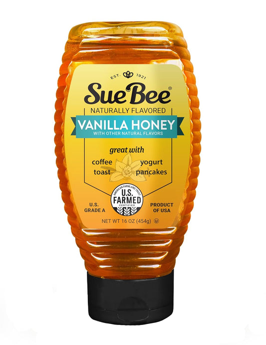 Sue Bee Naturally Flavored Vanilla Honey For Coffee and Pancakes, Salads, Made in USA, 16 oz