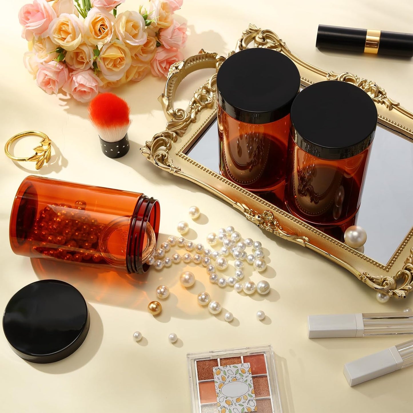 SATINIOR 24 Pieces Empty Clear Plastic Jars with Lids Round Storage Containers Wide Mouth for Beauty Product Cosmetic Cream Lotion Liquid Butter Craft and Food(Amber Lid,12 oz)