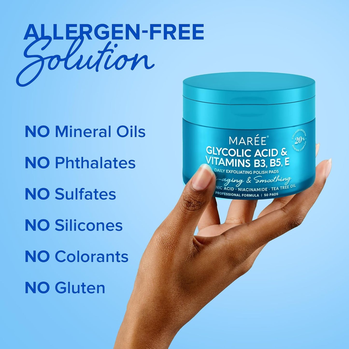 MAREE Glycolic Acid Pads - Toner Pads for Face Cleansing - Exfoliating Pad with Tea Tree Oil, Salicylic Acid & Vitamins E, B3, B5 - Facial Polishes & Peels, Skin Pore Resurfacing & Radiance - 50 Count