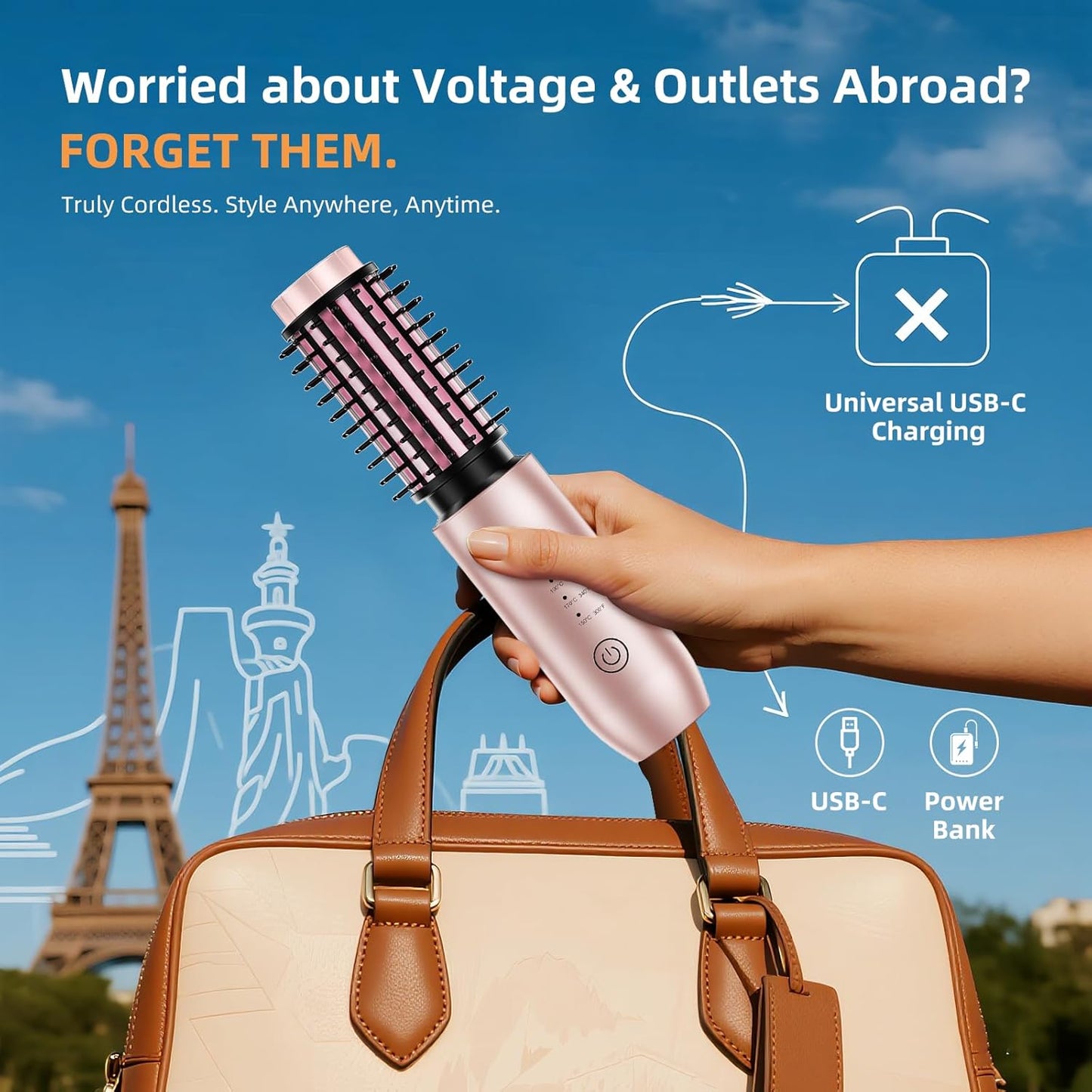 CARESKY® Cordless Curling Iron Brush, 1.5 Inch Mini Travel Hair Curler with 200 Million Negative Ions, Portable Heated Round Straightener Brush Rechargeable for Curl, Touch-Up, De-Frizz, Styling