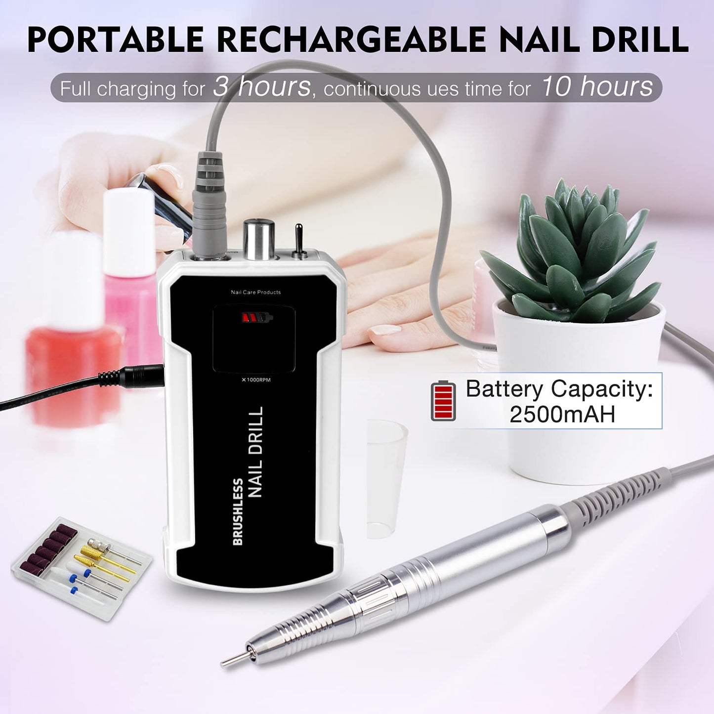 Professional Nail Drill Machine, IMENE 35,000RPM Portable Brushless Nail Drills Rechargeable E-File Nails Drill Perfect for Acrylic, Gel, Natural Nails (Black)