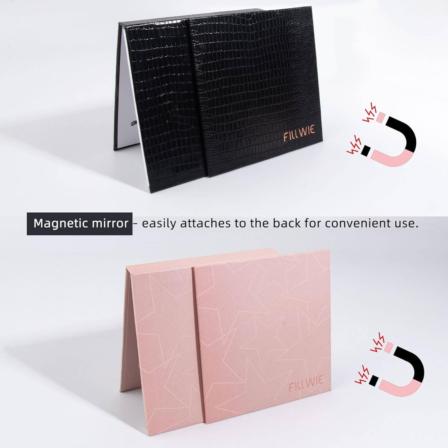 Pink&Black Magnetic Refillable Makeup Palette with Mirror – Lightweight, Durable, Travel-Ready Case for Eyeshadow, Blush, Lipstick – Includes Spatula & 20 Stickers – Small, Waterproof Paperboard