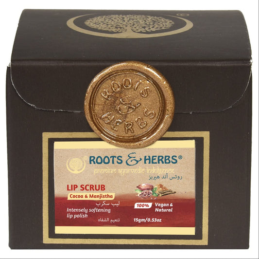 ROOTS AND HERBS Ayurvedic Cacao & Manjistha Cane Sugar Lip Scrub 100% Vegan, No-Paraben, No-SLS, No-Sulphate & Natural Treatment Exfoliator for Dark, Dry, Chapped Smooth & Brighter Lips (15gm/0.53oz)