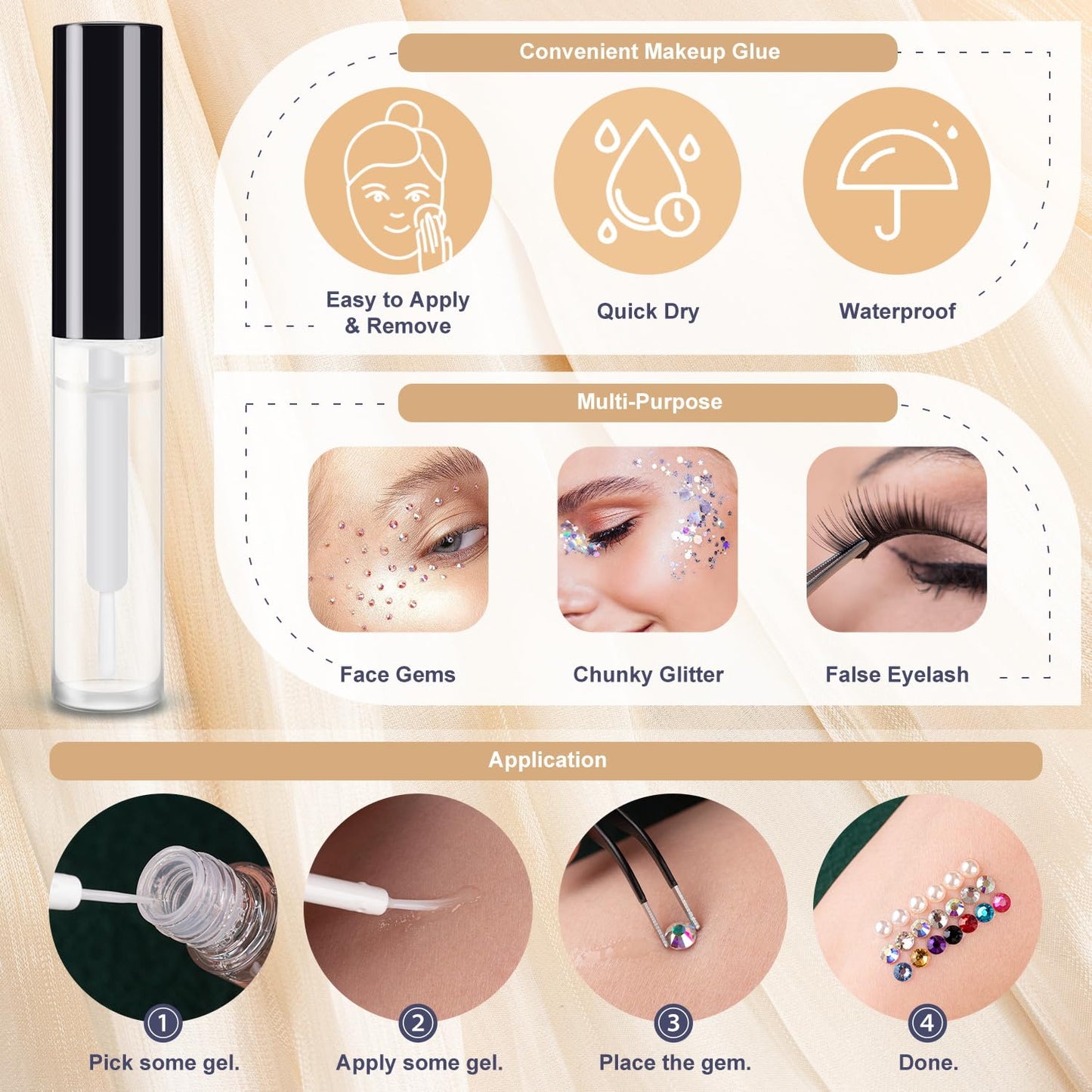 Colorful Face Gems for Makeup Set, Flatback Gorgeous AB+Clear+Mixed-colored Gem with Makeup Glue, Picker Pencil, Makeup Glue, Dual-End Dotting Tool, Tweezer for Eye Body Hair Make-up and Nail Art Deco