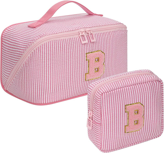 Travel Makeup Bag for Women, 2Pcs Portable Personalized Initial Makeup Organizer Bag, Open Flat Large Cosmetic Bag With Travel Essential Pouch (Pink Letter B)