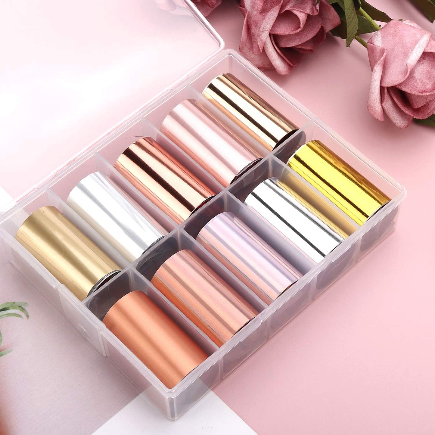 10 Sheets Holographic Nail Art Foil Transfer Stickers - Metallic Color Print Nail Decals 3D Self-Adhesive Stickers DIY Manicure Decoration Kit