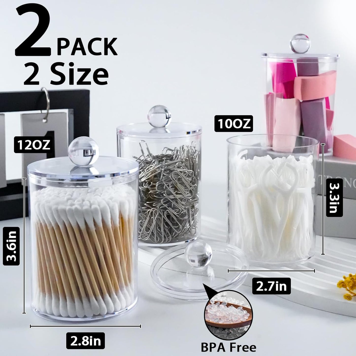 2 Pack Qtip Holder,Canister Apothecary Jar Set, Bathroom Jars with Lids Set for Cotton Swabs, Balls, Pads, Floss Picks,10oz-12oz Plastic Canisters Restroom Bedroom Vanity Organizer(Clear)